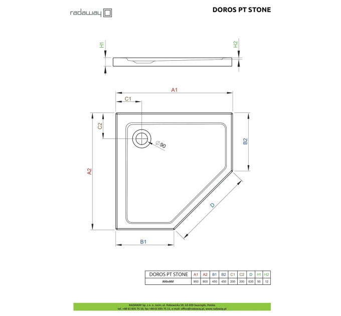 Душовий піддон Doros PT Stone White 90x90 см, RADAWAY