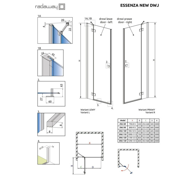 Душові двері Essenza New DWJ 80 праві, RADAWAY