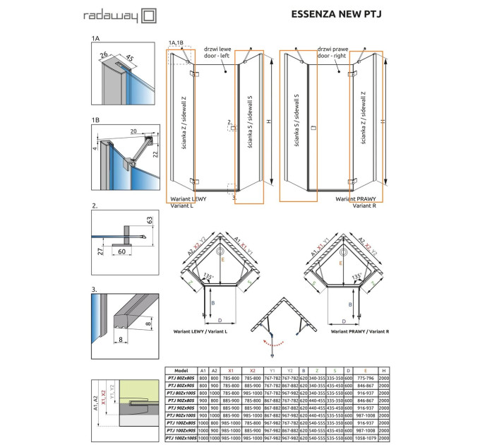 Комплект бокових стінок Essenza New PTJ 90 Z x 90 S, RADAWAY