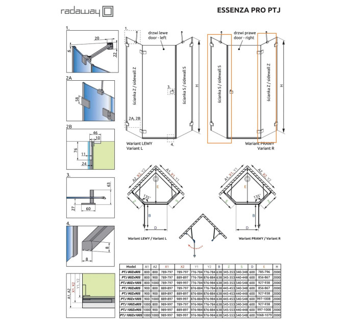 Комплект бокових стінок Essenza Pro PTJ 100 Z x 90 S, RADAWAY