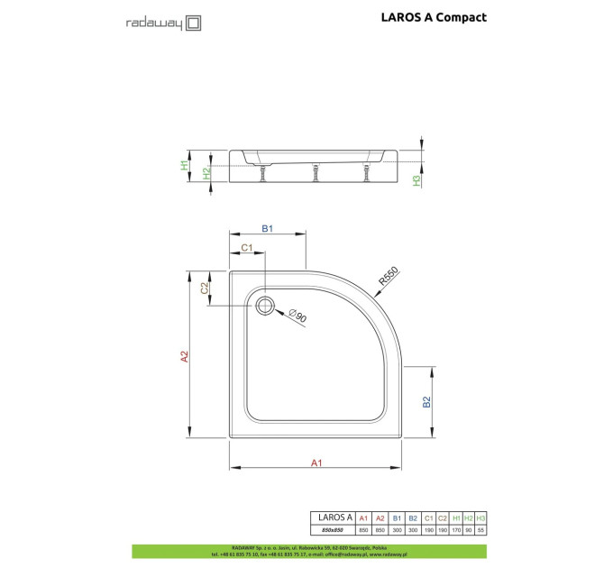 Душовий піддон Laros A Compact 85x85 см, RADAWAY