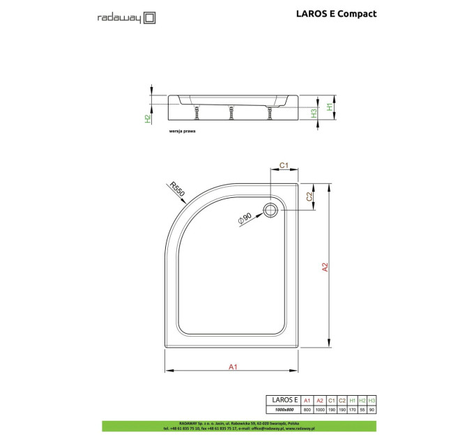 Душовий піддон Laros E Compact 100x80 см правий, RADAWAY