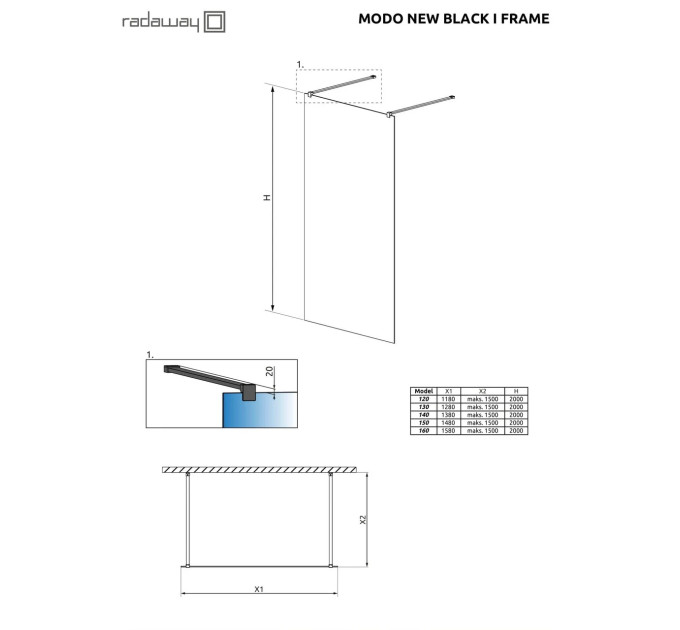 Душова стінка Modo New Black I 130 Frame (388134-54-58) RADAWAY