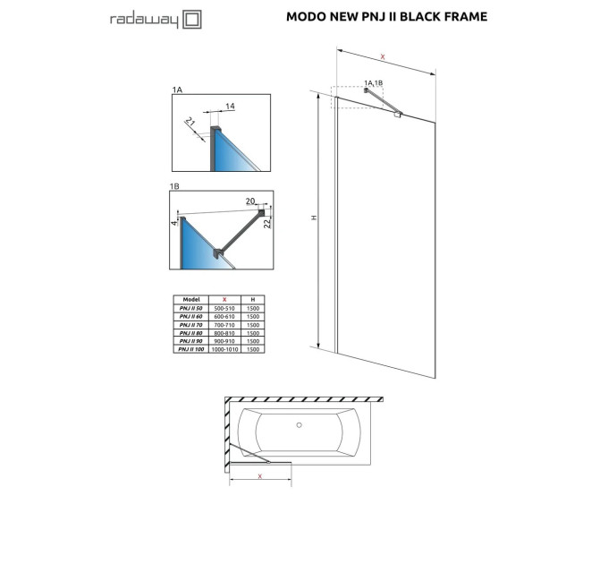 Шторка для ванни Modo New Black PNJ II 70 Frame RADAWAY