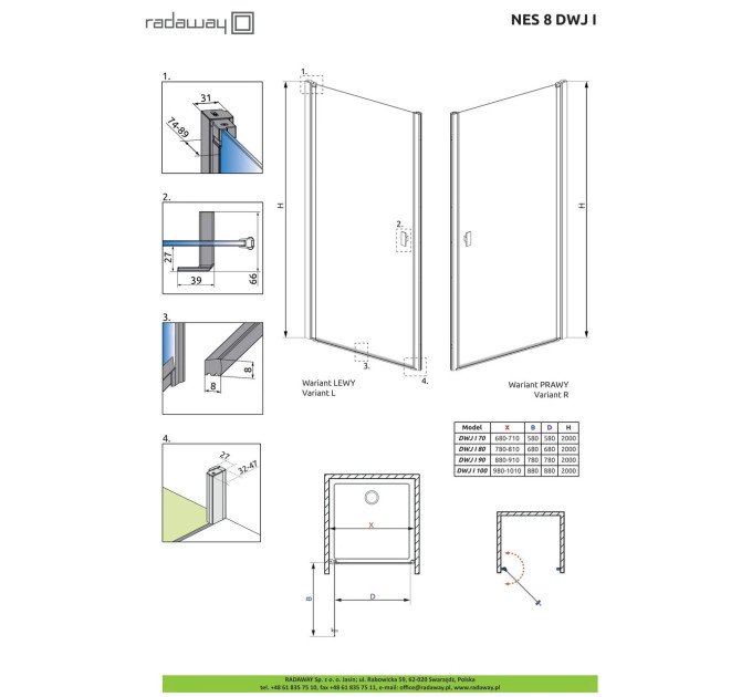 Душові двері NES 8 DWJ I 70 праві RADAWAY