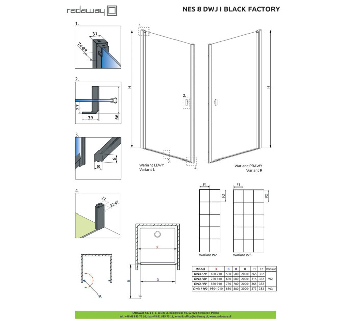 Душові двері NES 8 Black DWJ I 100 Factory праві RADAWAY