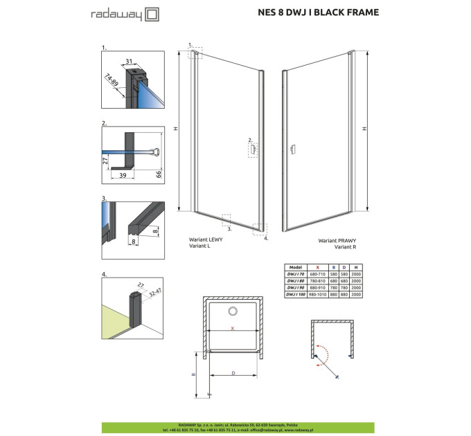 Душові двері NES 8 Black DWJ I 100 Frame ліві RADAWAY