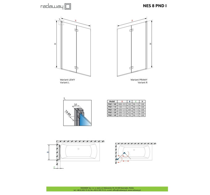 Шторка для ванни NES 8 PND I 110 права RADAWAY