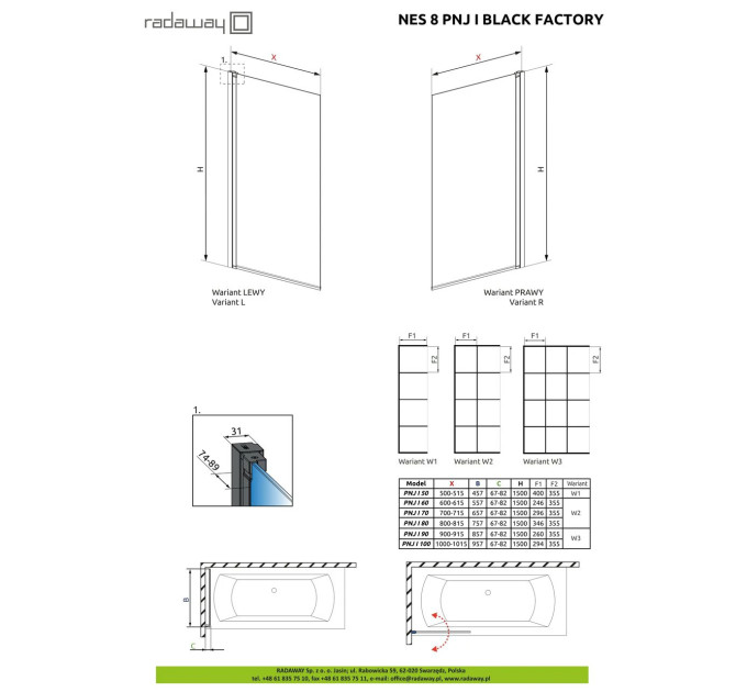 Шторка для ванни NES 8 Black PNJ I 50 Factory права RADAWAY