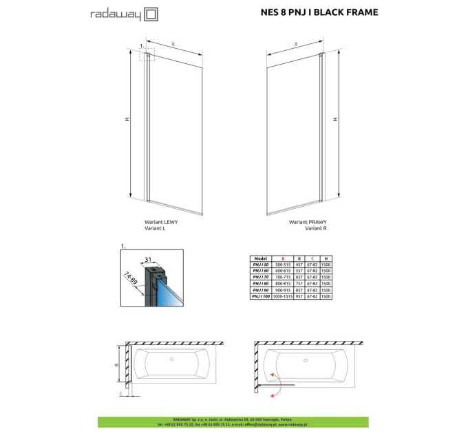 Шторка для ванни NES 8 Black PNJ I 90 Frame права RADAWAY