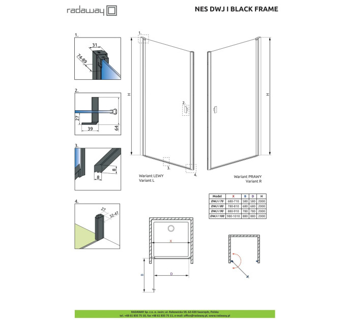 Душові двері NES Black DWJ I 70 Frame праві RADAWAY