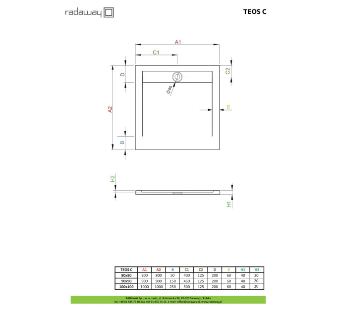Душовий піддон Teos C 90x90 см Black, RADAWAY